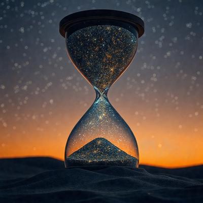 The primary subject of the image is a large, tall, and skinny hourglass, which is placed on a sandy surface. The hourglass is filled with sand, and it is situated in front of a beautiful night sky. The setting appears to be a desert-like environment, with a sense of tranquility and serenity. The visual style of the image is a combination of photo and digital art, creating a unique and captivating scene. The colors and mood of the image are predominantly warm and calming